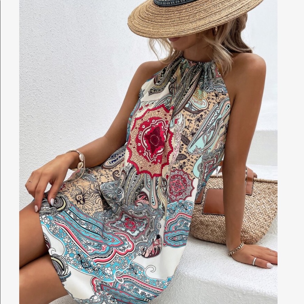 Boho Floral Paisley Print Halter Mini Dress - Picture 7 of 11